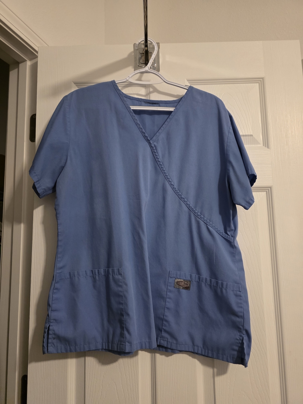 Light Blue Wrap Scrub Top with Front Pockets